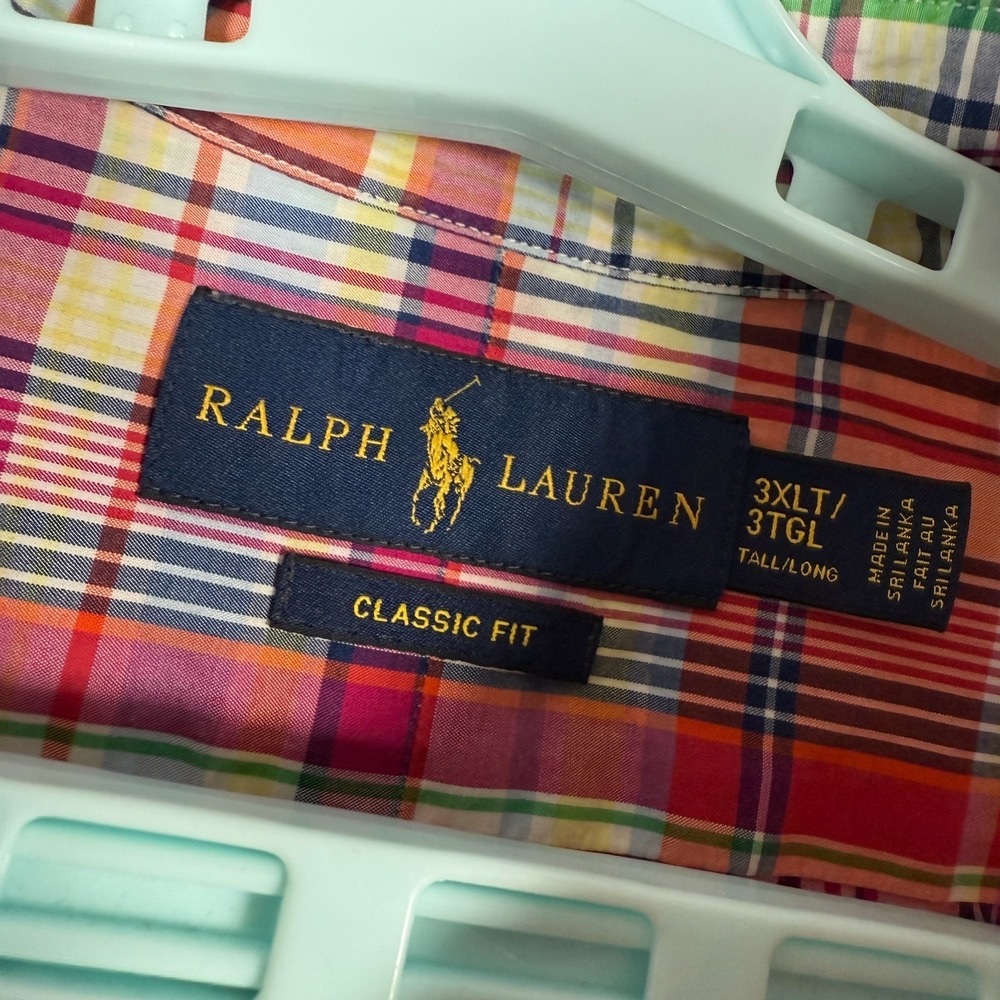 Ralph Lauren Shirt Mens 3XLT Tall Orange Blue Button Down Oxford Plaid Pony - Picture 7 of 11